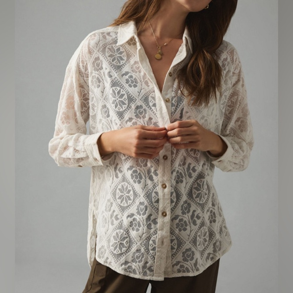 Anthropologie Pilcro Lace Front Button Down Top (Small)